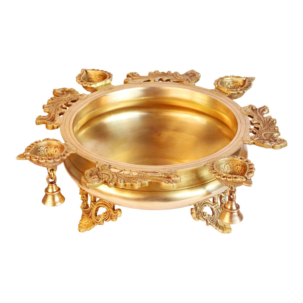 ARTVARKO Peacock Design Traditional Brass Urli with Diyas and Bells Flower Candles Home and Office Decoration Gift 15 Inch,Gold Color