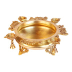 ARTVARKO Peacock Design Traditional Brass Urli with Diyas and Bells Flower Candles Home and Office Decoration Gift 15 Inch,Gold Color