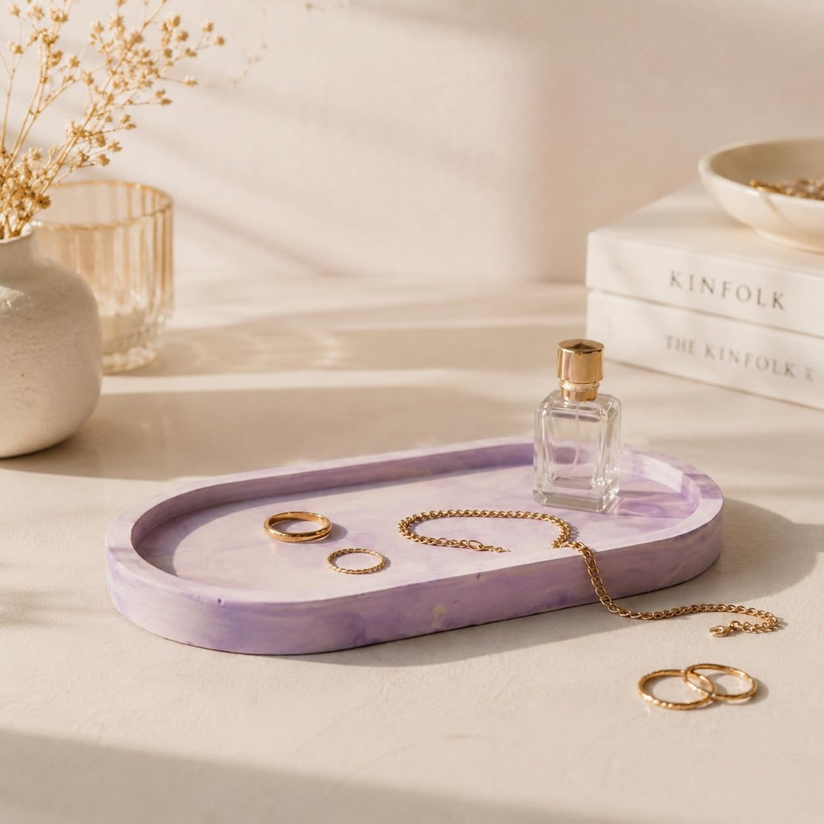 Jesmonite Oval Vanity Tray for Bathroom & Kitchen Sink | Decorative Floral Coaster Tray for Soap Dispenser, Candles, Jewelry & Accessories | Minimal Home Decor Organizer (Lilac Dream)
