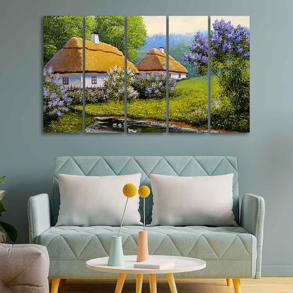 VIBECRAFTS Huts in Old Village Canvas Wall Painting of Five Pieces For Home|Office|Living Room|Gift (PTVC5Pcs4_8671)