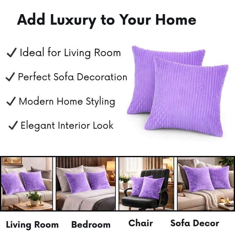 RD TREND® Cushion Cover Set of 2, Decorative Sofa Living Room Home Square Cushion Covers 16 Inch x 16 Inch, Aesthetic Corduroy Striped Double Sided (Lavender)