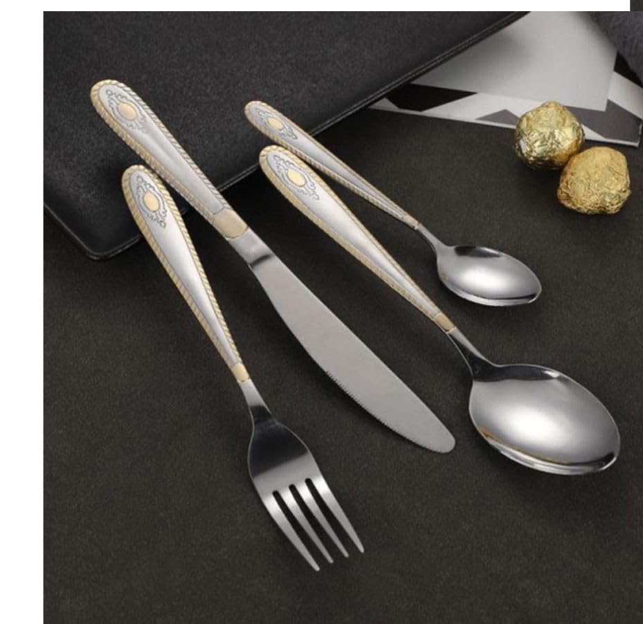 ANH MART Mirror Finish Silver Gold Plated Stainless Steel Flatware Set Copper Silverware Set Rose Gold Spoon Color Cutlery Set [Dinner Fork-Tea Spoon-Salad Spoon-Knife] Set of (Silver Gold, 20)