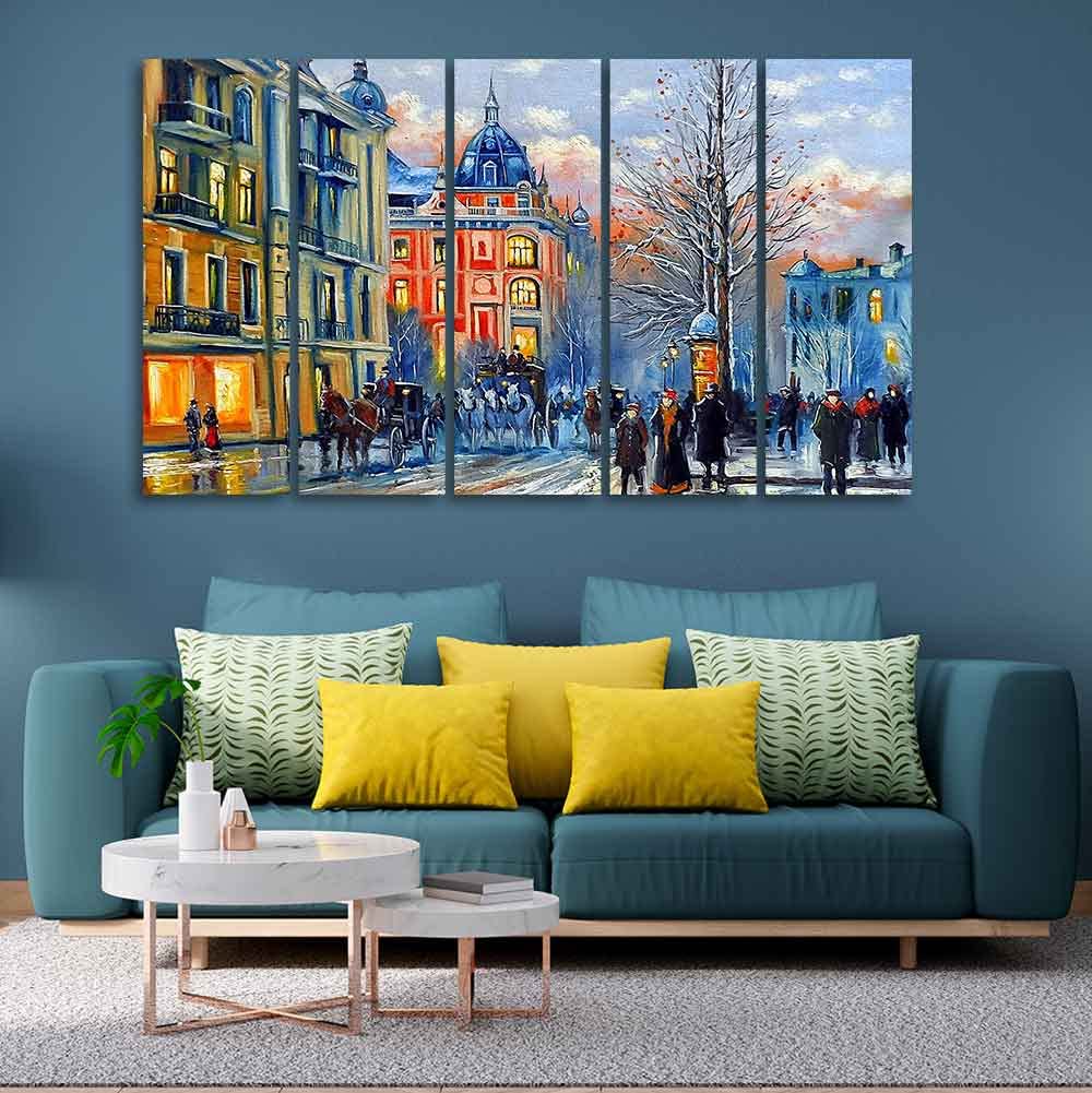 VIBECRAFTS Old City in Winters Canvas Five Pieces Wall Painting For Home|Office|Living Room|Gift (PTVC5Pcs4_8575N)