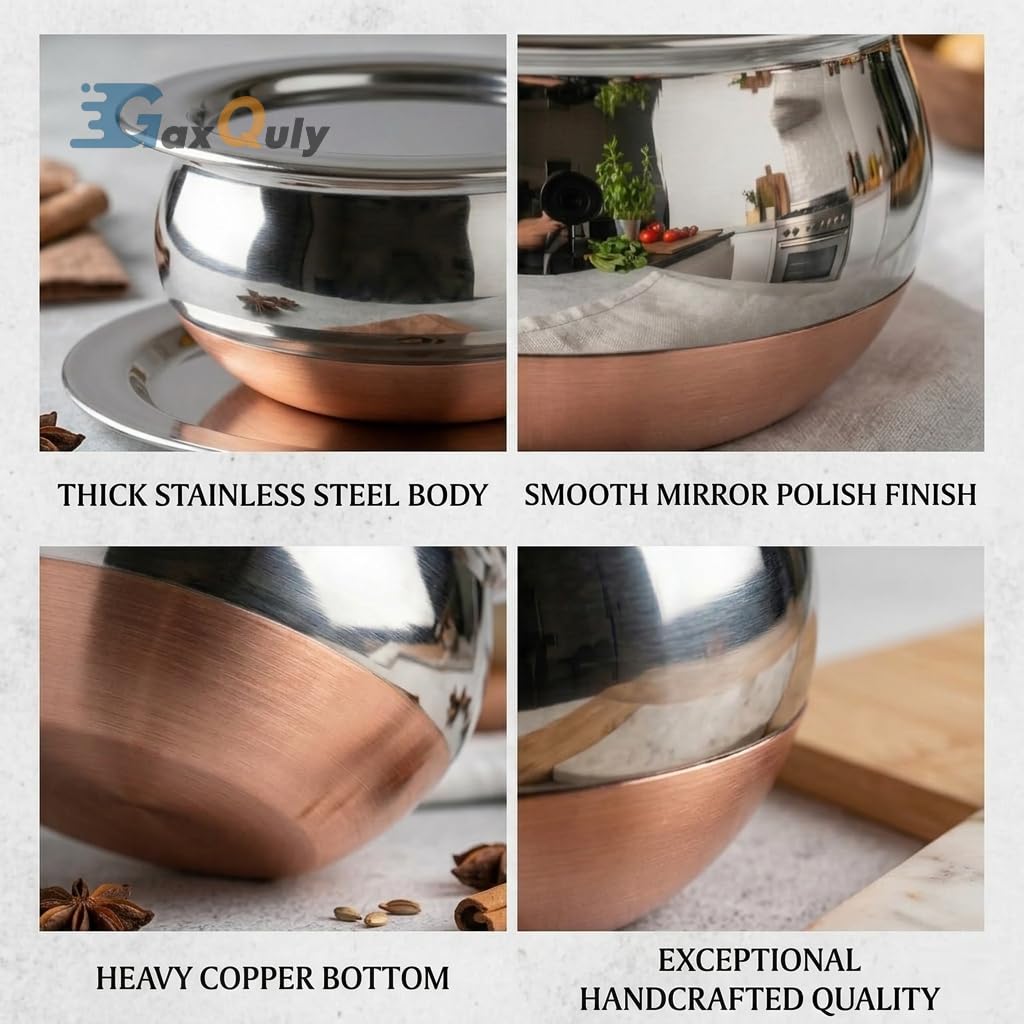 GaxQuly Stainless Steel Copper Bottom Urli Handi Set Kitchen Serving, Cooking Bowl Cookware Set | Milk Pan Tea & Coffee Punjabi Biryani Pot tapeli patila 500ml/750ml/1000ml (Handi 3pcs)