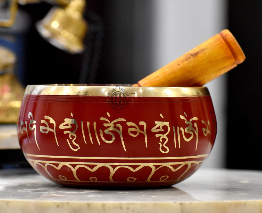 DSH Tibetan Singing Bowl Handcrafted Meditation Sound Bowl Easy To Play Vibration Therapy Praying Bowl (Red-5.5 inch)