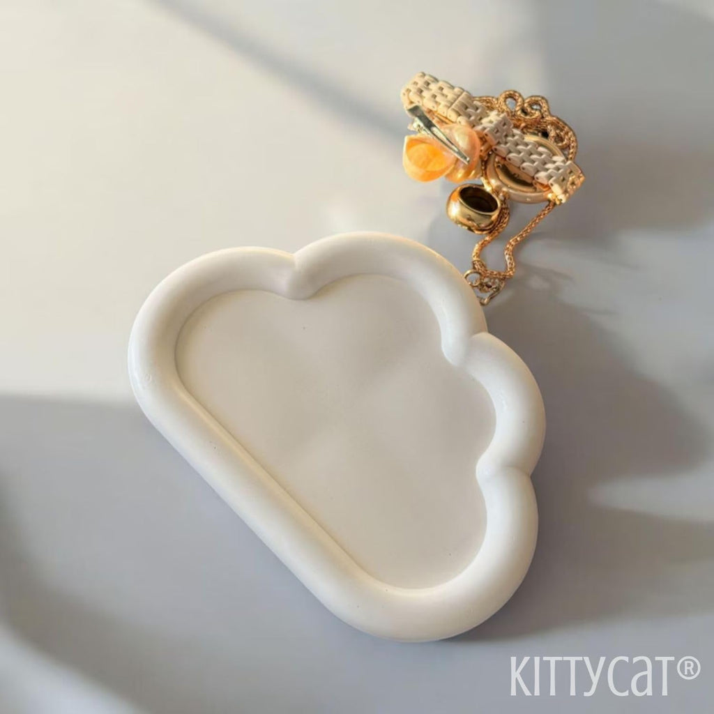 Kitty Cat® Handmade Concrete Cloud Trinket Tray | Jewelry, Makeup & Table Organizer | White Off-White Home Decor | Candle Tray | Multipurpose 16.1×11.3cm (Cloud)