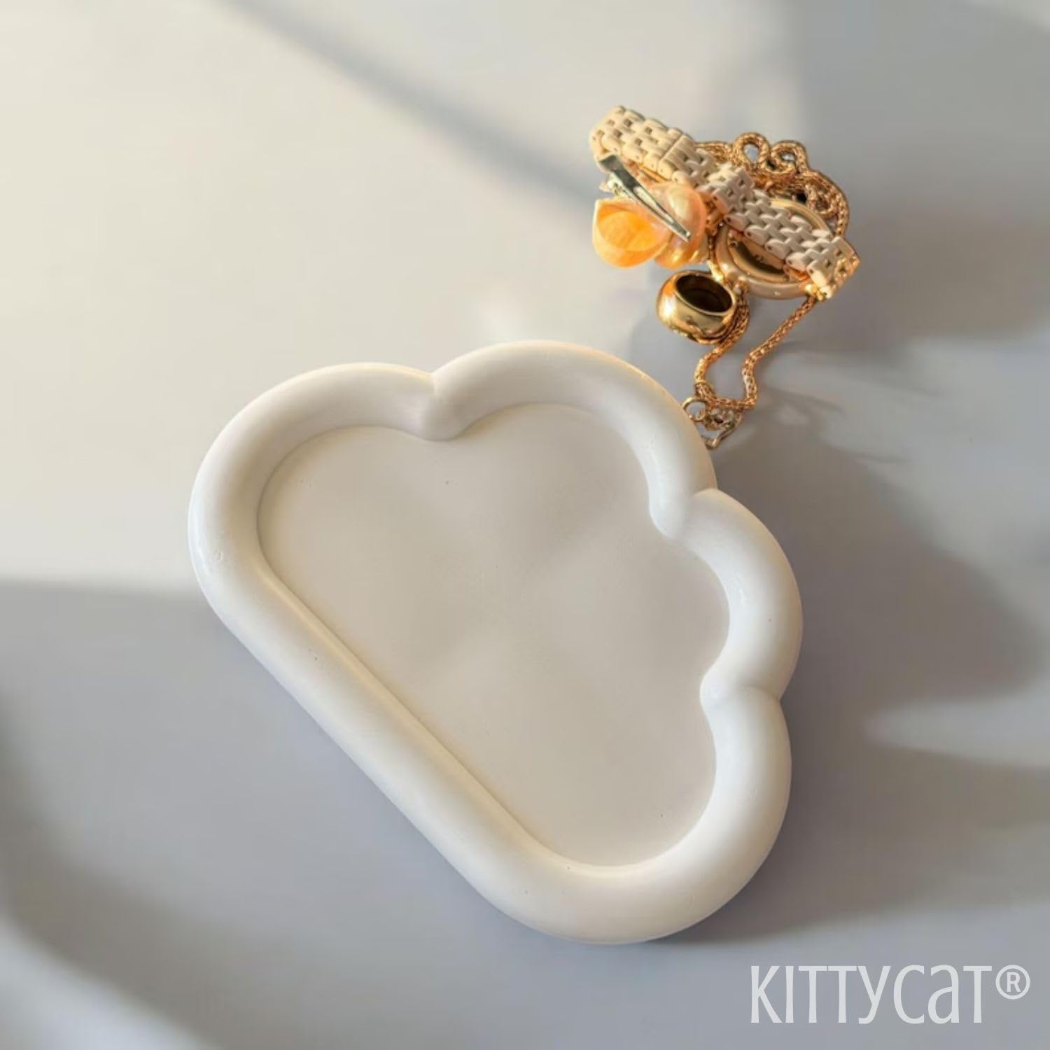 Kitty Cat® Handmade Concrete Cloud Trinket Tray | Jewelry, Makeup & Table Organizer | White Off-White Home Decor | Candle Tray | Multipurpose 16.1×11.3cm (Cloud)