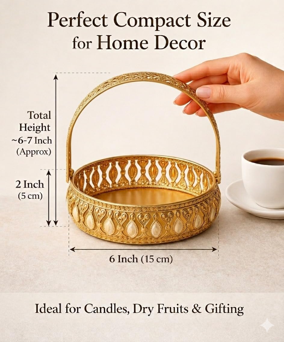 Indie-oida Golden Metal Decorative Tray for Home Decor | Round Serving & Pooja Tray for Candles, Dry Fruits & Gifting
