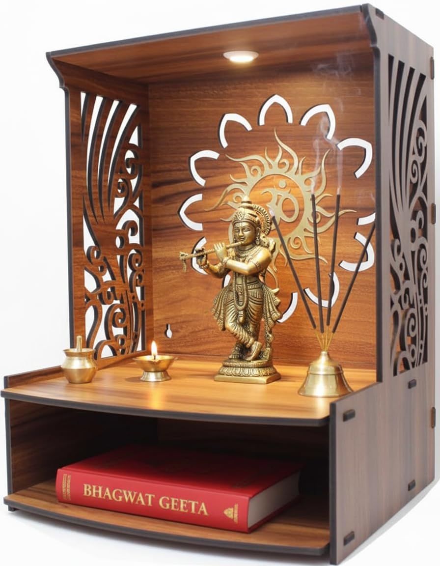 Royal Walnut Finish Wooden Pooja Mandir | Wall Mounted Home Temple with LED Lights & Spacious Storage | Premium Handcrafted Puja Unit (37.5 * 29 * 25 CM) (Large) A2