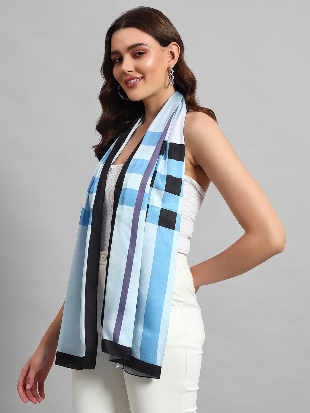 Ravaiyaa - Attitude is everything Women Lightweight Printed 100% Satin Silk Scarf Stoles Breathable Neckerchief Head Beach Wrap Scarves (Turquoise Blue Striped, 70 x 20 Inch)