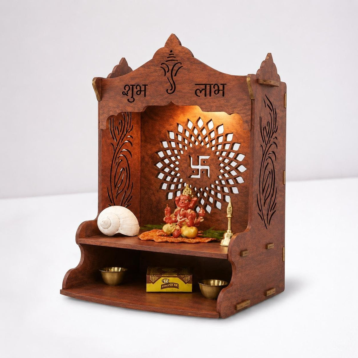 Wooden Pooja Mandir for Home, Pine Wood Temple, Decorative Hindu Mandir with Storage Shelf for Puja Room & Living Room Decor (32X26X20 Cms, Natural Wood Brown, Swastik 2)