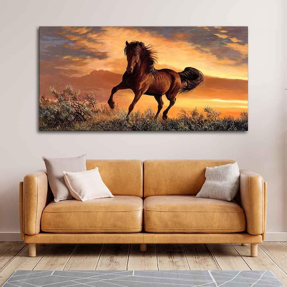 VIBECRAFTS Canvas Paintings for Living Room Drawing Room Brown horse In Sunset Wall Painting Fitted With Wooden Frame for Home | Office | Gift (PTVCH_2341N)
