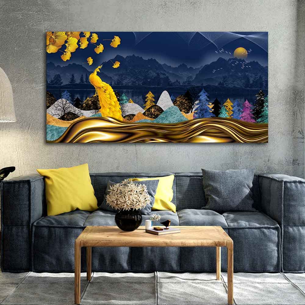 VIBECRAFTS Canvas Paintings for Living Room Drawing Room Golden Peacock In Dark Forest Canvas Wall Painting Fitted With Wooden Frame For Home | Office | Living Room | Gifts (PTVCH_2525)