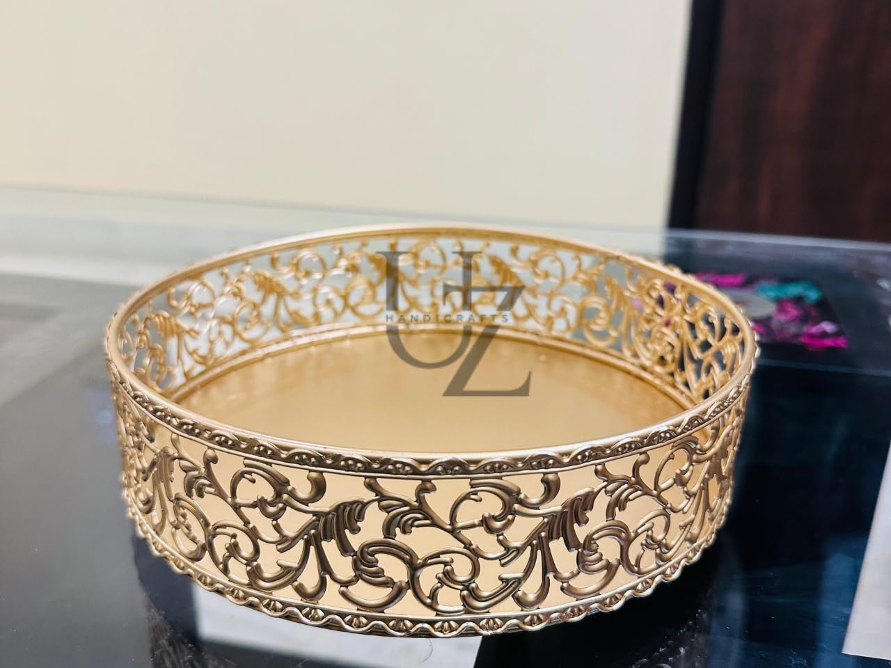 Golden Brass Finish Serving Tray | Decorative Round Metal Trays | Handmade Tea & Snack Serving Trays for Home Décor & Gifting (8'' Tray Golden)