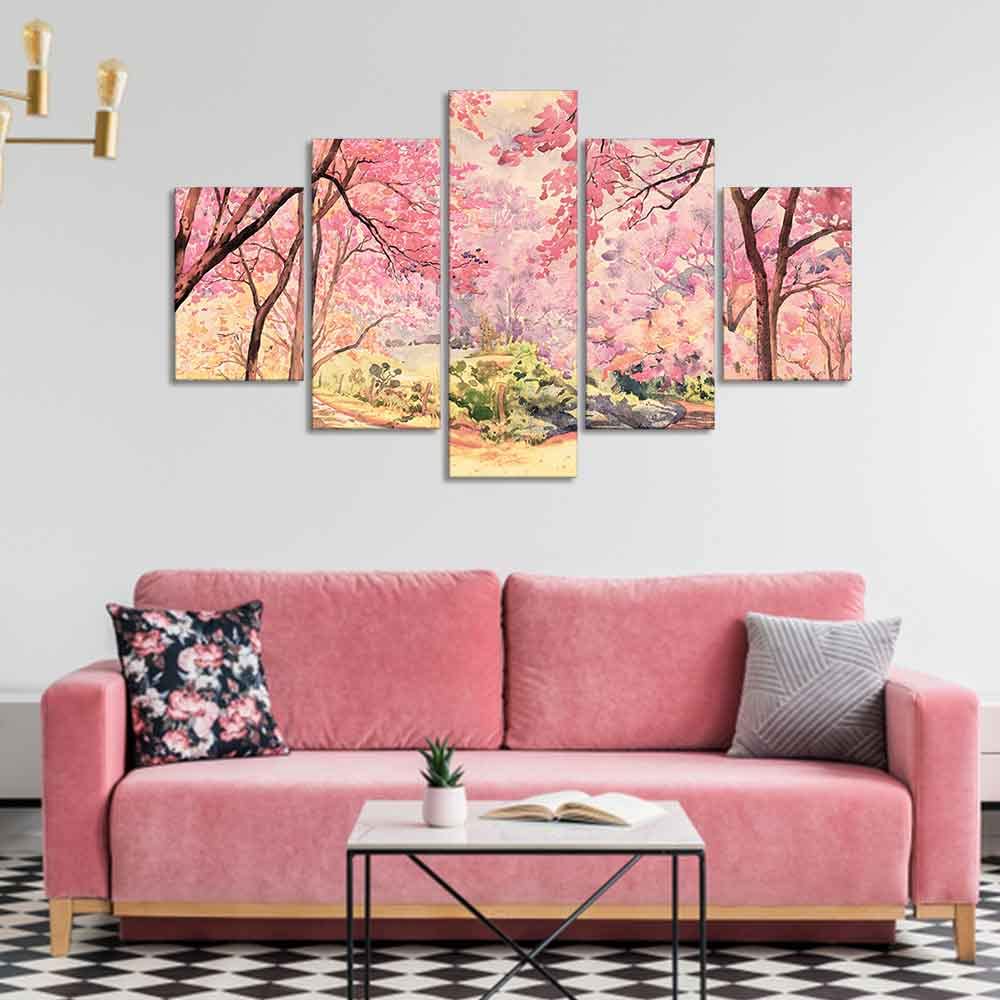 VIBECRAFTS Nature Forest Pink Flower Wall Painting of Five Pieces For Home|Office|Living Room|Gift (PTVC5Pcs1_5545)
