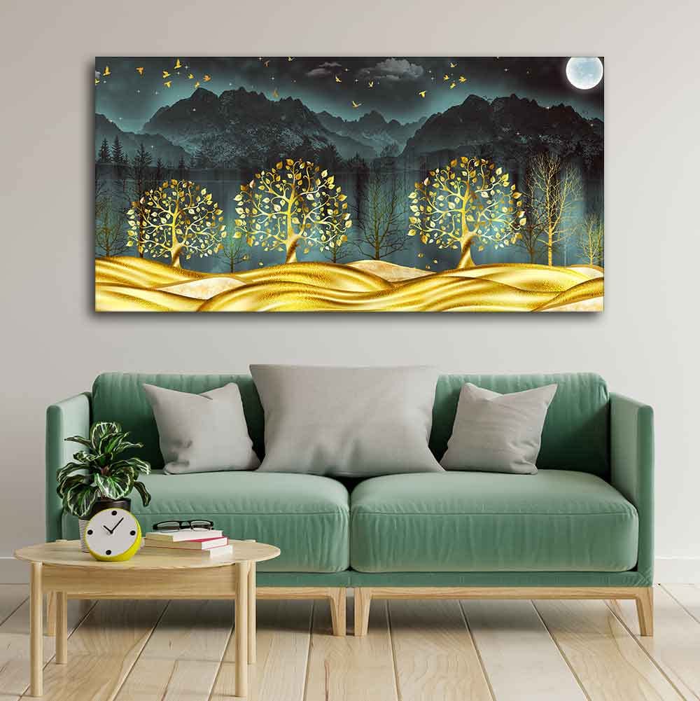 VIBECRAFTS Canvas Paintings for Living Room Drawing Room Wall Painting of Golden Trees in Dark Forest Fitted with Wooden Frame for Home|Office|Gift(PTVCH_2244N)