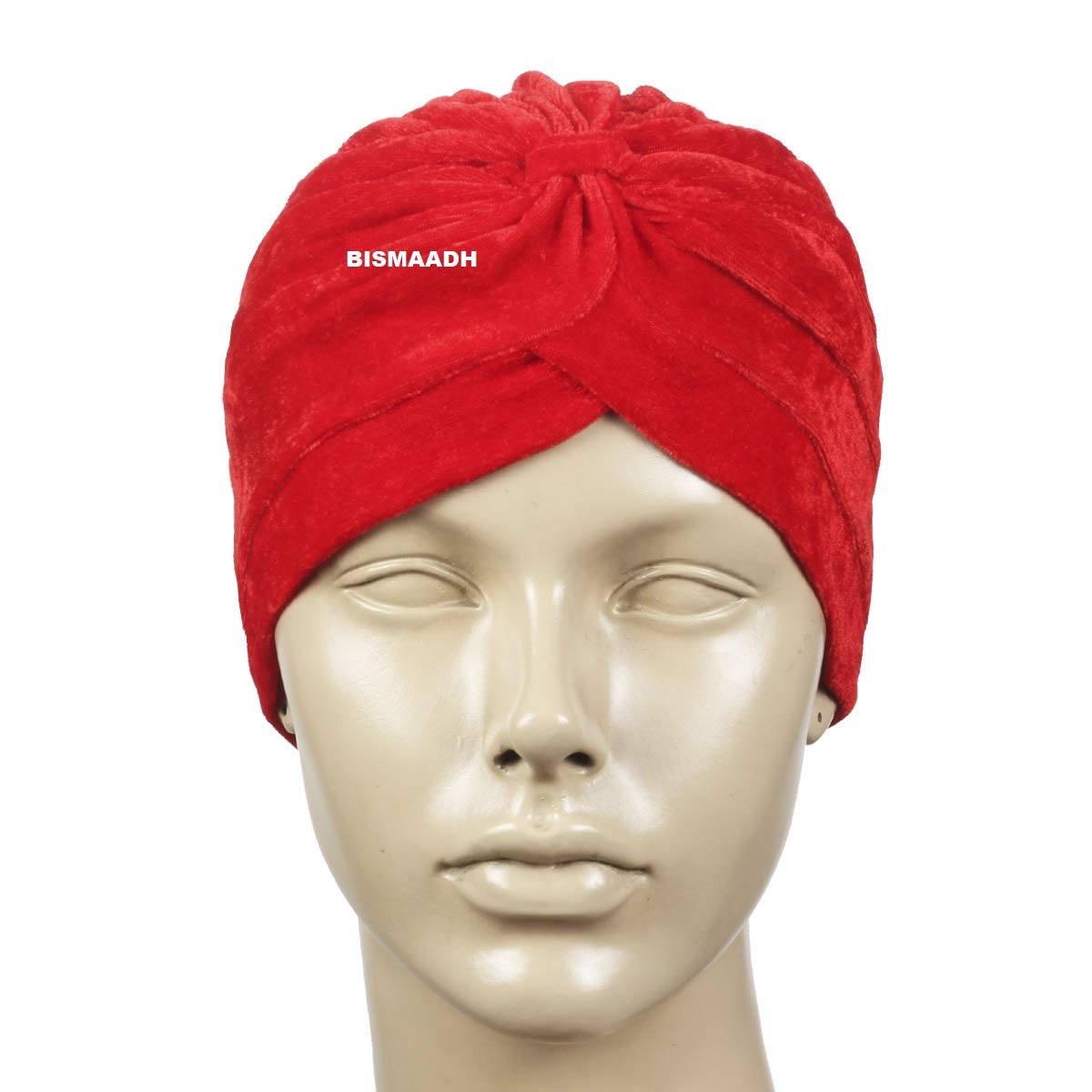 BISMAADH Velvet Soft Pleated Pre Tied Knot Readymade Turban/Pagri Head Wraps for Men & Women Red