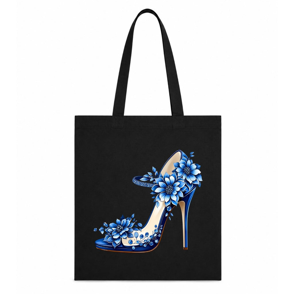 Adorvue Black Canvas Tote Bag for Women with Blue Floral High Heel Print | Premium Cotton Reusable Shopping Shoulder Bag | Designer Shoe Eco-Friendly Tote for College, Office, Travel & Daily Use