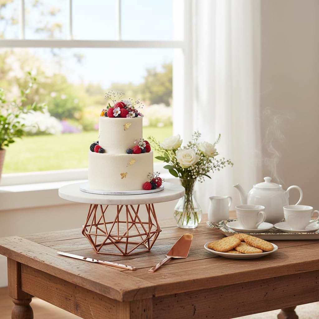 NikkisPride Marble Cake Stand With Copper Finish Metal Base & Plain White Marble Top with Cake Cutlery Pieces Set of 3