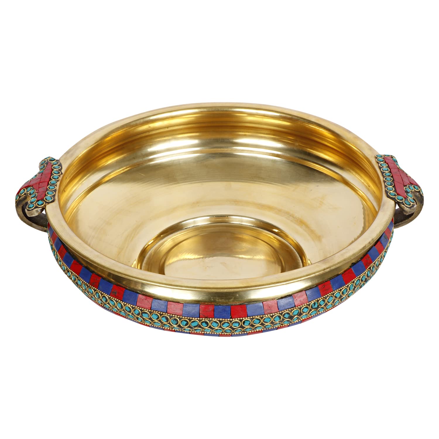 ARTVARKO Multicolor Gemstone Handwork Brass Traditional Urli Bowl Showpiece for Floating Flowers Candles Home Office Decor Diwali Gift 12 Inches