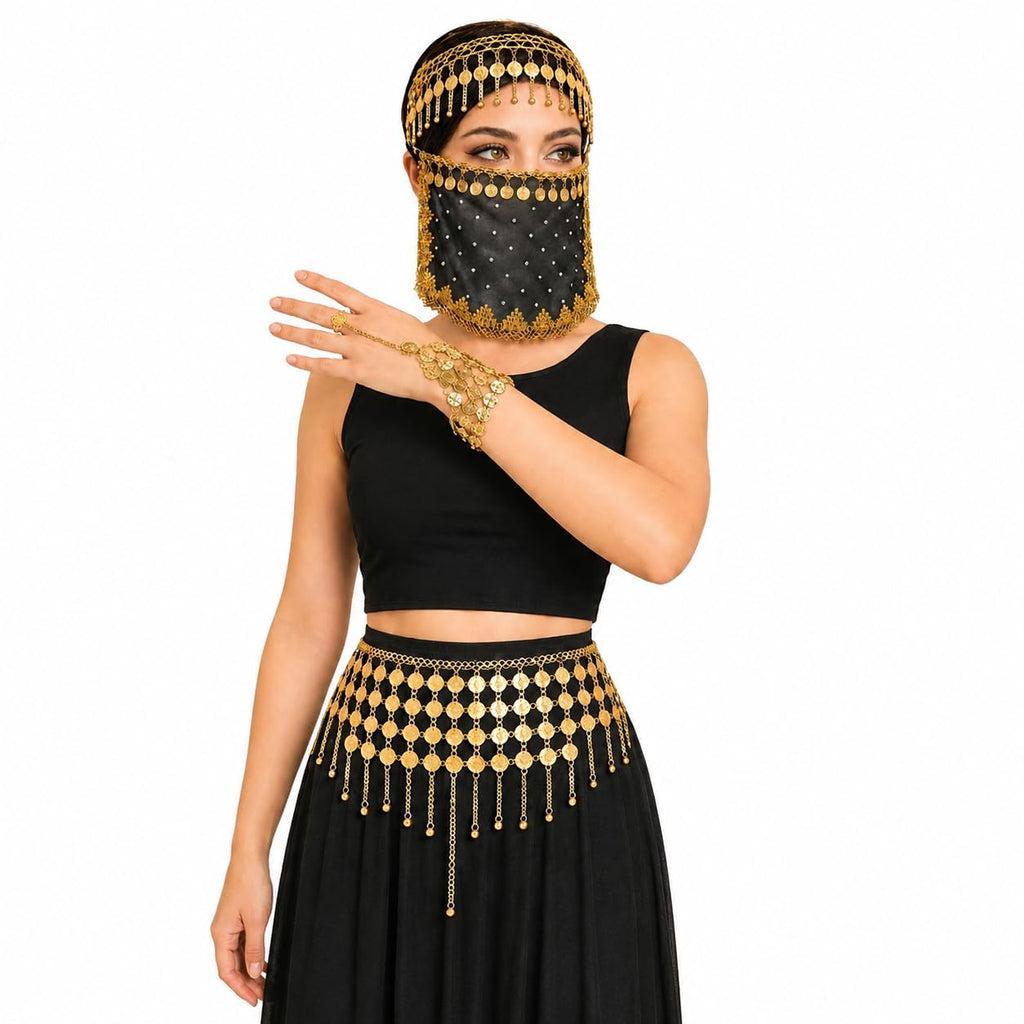 VRITRAZ Women's Chiffon Belly Dance 30 Coin Headband, Wrist Band, Face Veil And Metal Hip Scarf (Gold)