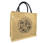 JUTEKA Yoga Print Eco Friendly Jute Bag for Shopping, Lunch, Tiffin, Office, Grocery with Zip Closure and Padded Cotton Handles…