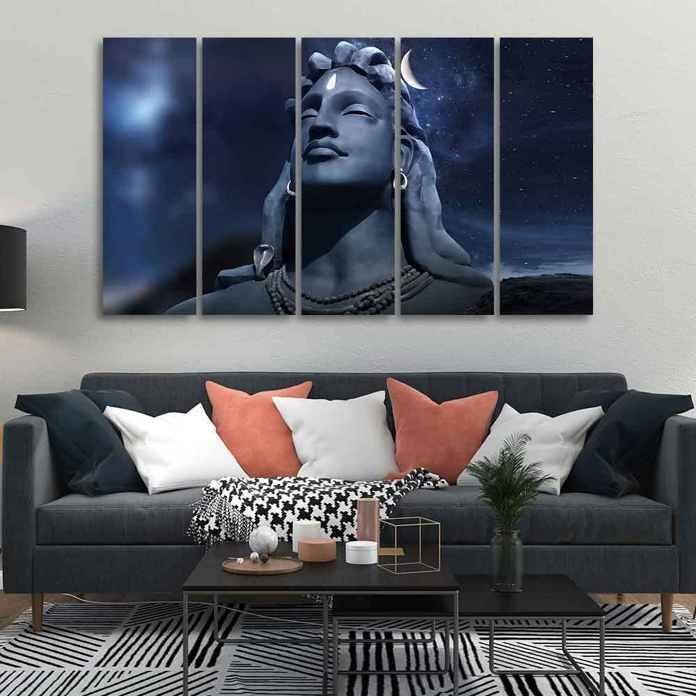 VIBECRAFTS Adiyogi Shiva Statue Canvas Wall Painting of Five Pieces For Home|Office|Living Room|Gift (PTVC5Pcs4_8720N)