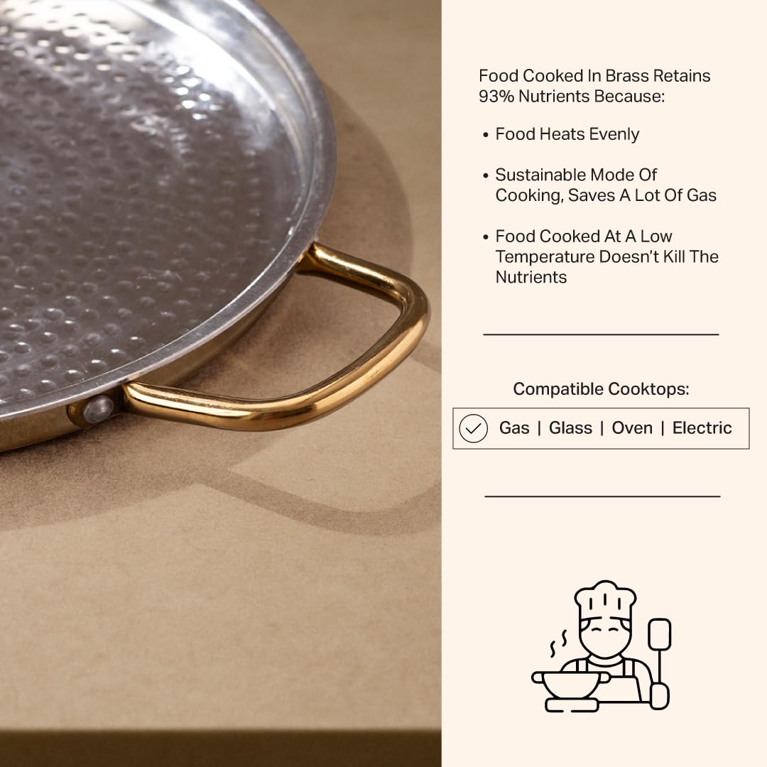 P-TAL Brass Dosa Tawa with Insulated Handles, 12 (30 cm) Tin Coated Brass Dosa Tava with Ayurvedic Benefits | Naturally Nonstick and Chemical Free (Free 30ml Copper & Brass Cleaning Solution)