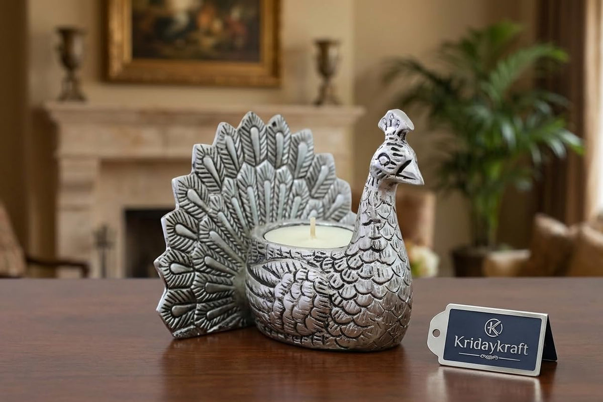 KridayKraft Designed with a Versatile Central Cavity, This Peacock Serves as a Stunning tealight Candle Holder, a mini Indoor Planter, a Unique Pen Stand,(Peacock Small Silver).