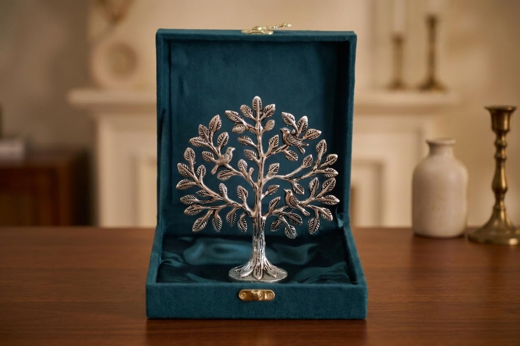 Metal Kalpavriksha Tree for Home Decor - Golden Wish Fulfilling Tree Metal Showpiece for Temple, Vastu, Office Table & Gifting Banyan (No 0 Silver with Box)