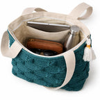 PUMITOWN Tote Bag for Women, Boho Woven Canvas Shoulder Bag with Tassel & Fringe Detail, Greenish-Blue Striped Handbag, Eco-Friendly, Large Capacity, 16x15 Inches (Handbag_Green)
