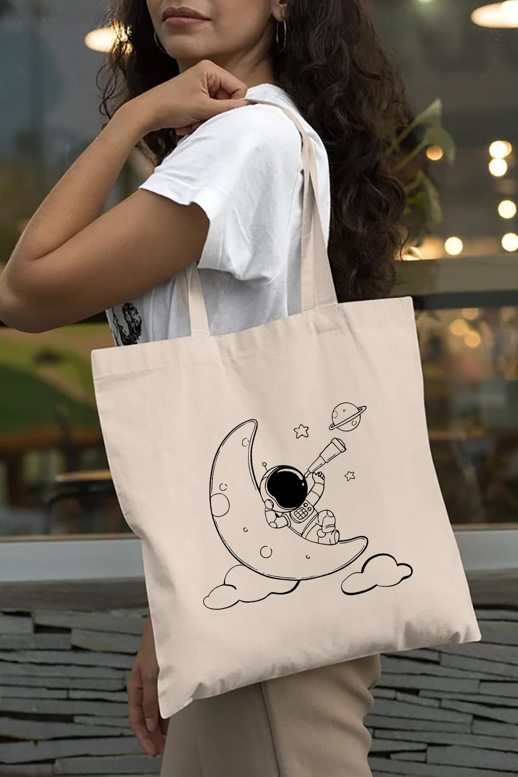The Purple Tree Nova Astronaut Moon Cotton Tote Bag For Women - Eco Friendly Reusable Shopping & College Bag (Pack Of 1)