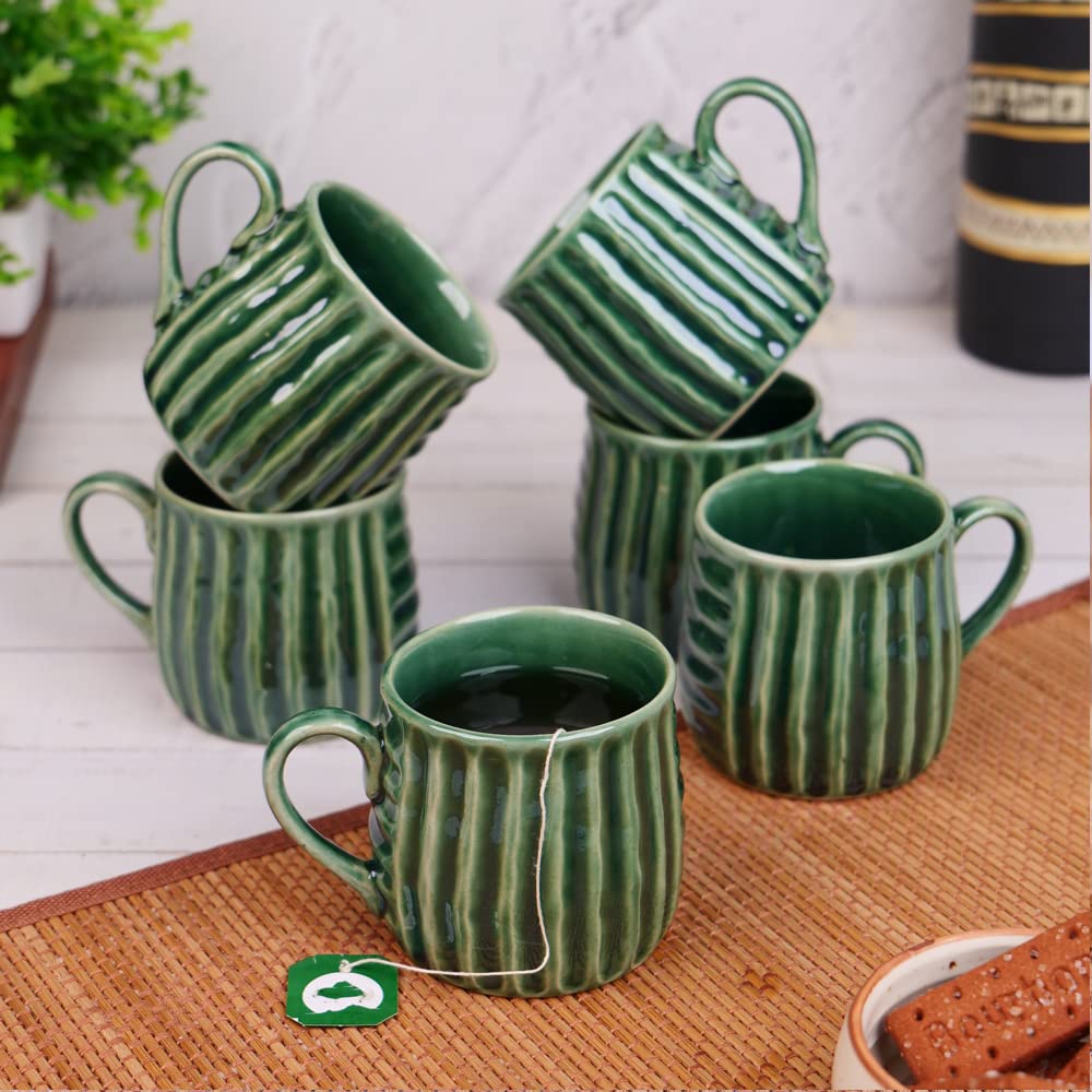 VarEesha Hand-Made Copper Green Ceramic Coffee Mugs Set of Six|Tea Cups Set of 6 | Microwave Safe Dishwasher Safe | Lead Free