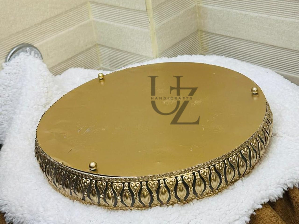U Z HANDICRAFTS Golden Brass Finish Serving Tray | Decorative Round Metal Trays | Handmade Tea & Snack Serving Trays for Home Décor & Gifting (12'' Tray Round)