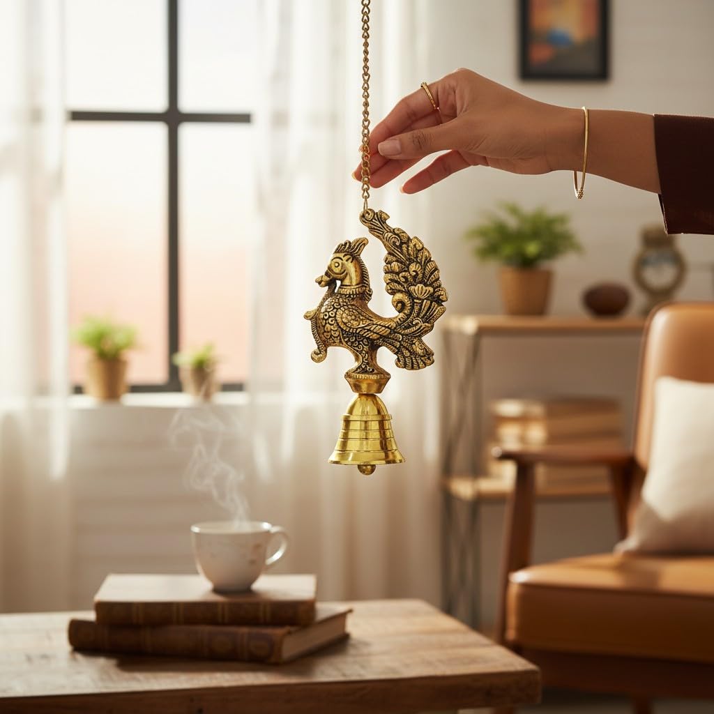 KridayKraft Decorative Peacock Design Hanging Bell for Home Decor, Antique Gold Finish Metal Door Hanging, Spiritual Wall Hanging for Living Room, Entrance & Temple - 35 cm Length