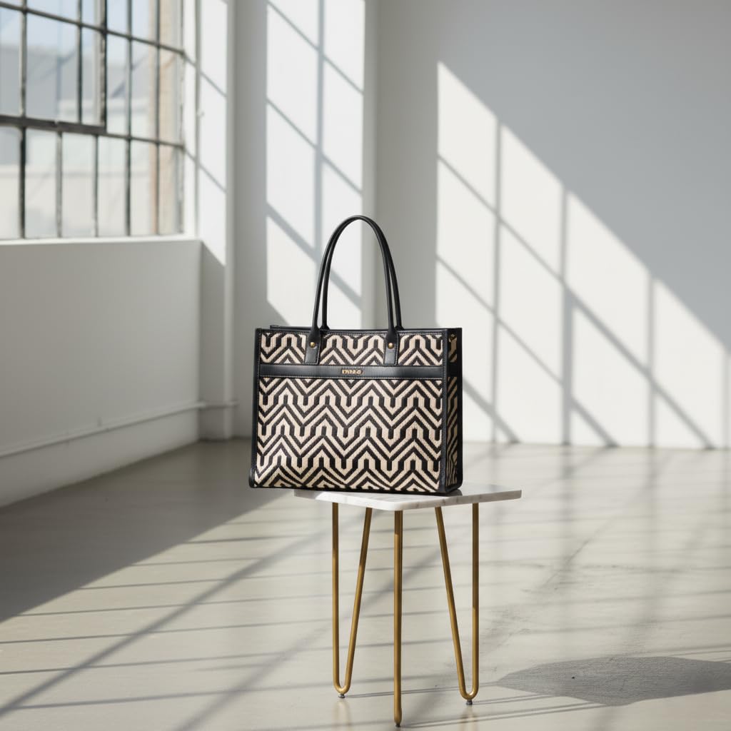ENSAC Tote Bag with Ethnic Prints – Canvas Handbag with Zip Pouch, Stylish Laptop Tote for Office, College & Everyday Use