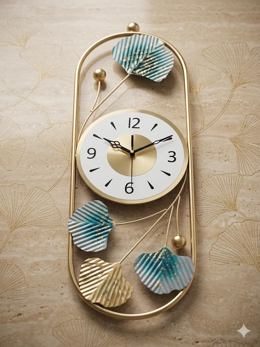 Mahira Artefacts Luxury Modern Metal Wall Clock with Blue Ginkgo Leaf Art, Golden Oval Frame, Silent Non-Ticking