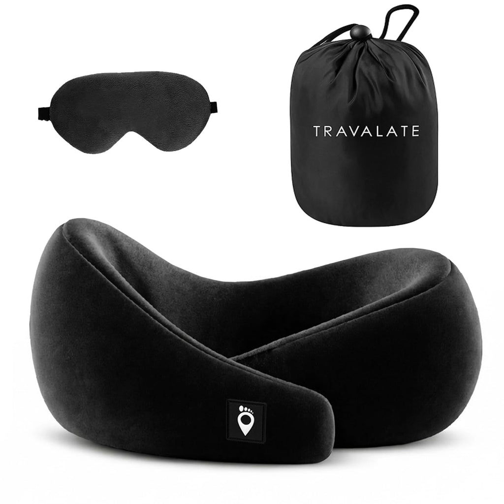 TRAVALATE Round Shape Travel Neck Pillow and Sleeping Eye Mask Combo–Black