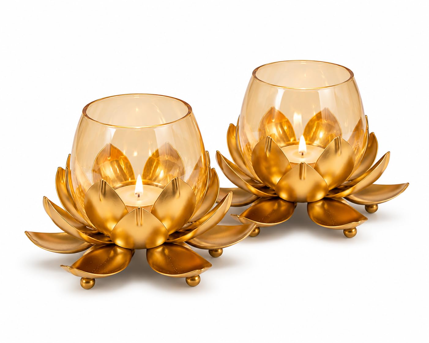Delight World Lotus Tealight Candle Holder Set of 2 – Golden Metal & Glass Decorative Candle Stand for Home Decor, Diwali Decoration, Table Centerpiece, Living Room, Wedding & Festive Decor