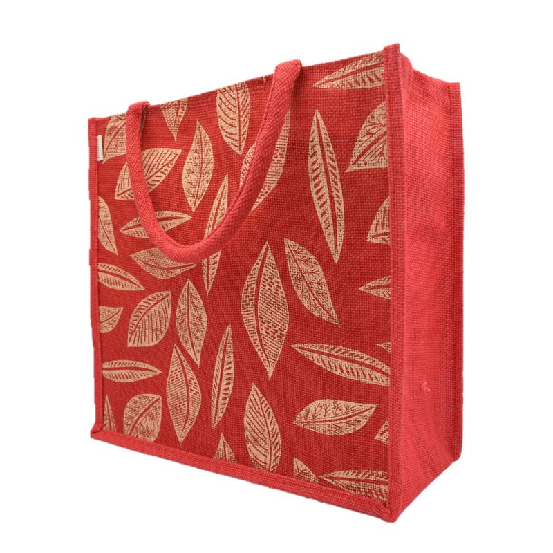 JUTEKA Unisex Printed Lunch, Office, Grocery, Picnic, Tote, Tiffin, Shopping, Jute Bag with Padded Cotton Handles,Red