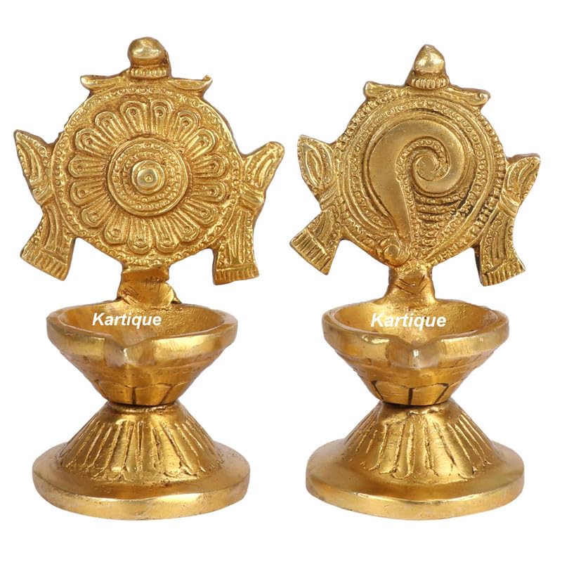 Svarup Brass Shankha-Chakra Diya Set: Home Temple Aarti Deepam, Puja Jyot, Table Mandir