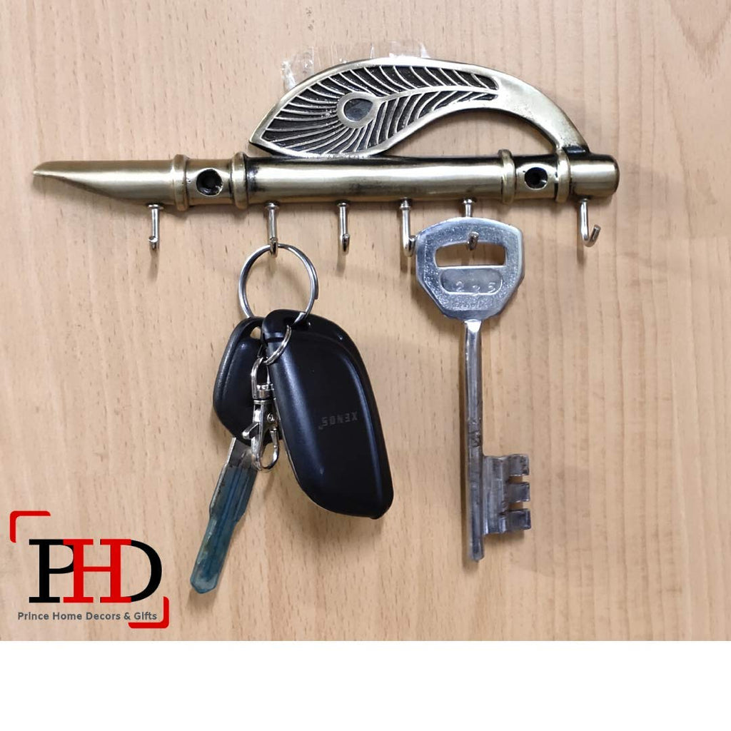 Prince Home Decor & Gifts Lord Krishna's Flute and Peacock Quills Key Stand (18.5 X 6 cm, Zinc)