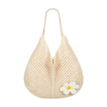 PALAY Tote Bag for Woman Beige Crochet Mesh Shoulder Bag with Flower Brooch