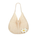 PALAY Tote Bag for Woman Beige Crochet Mesh Shoulder Bag with Flower Brooch
