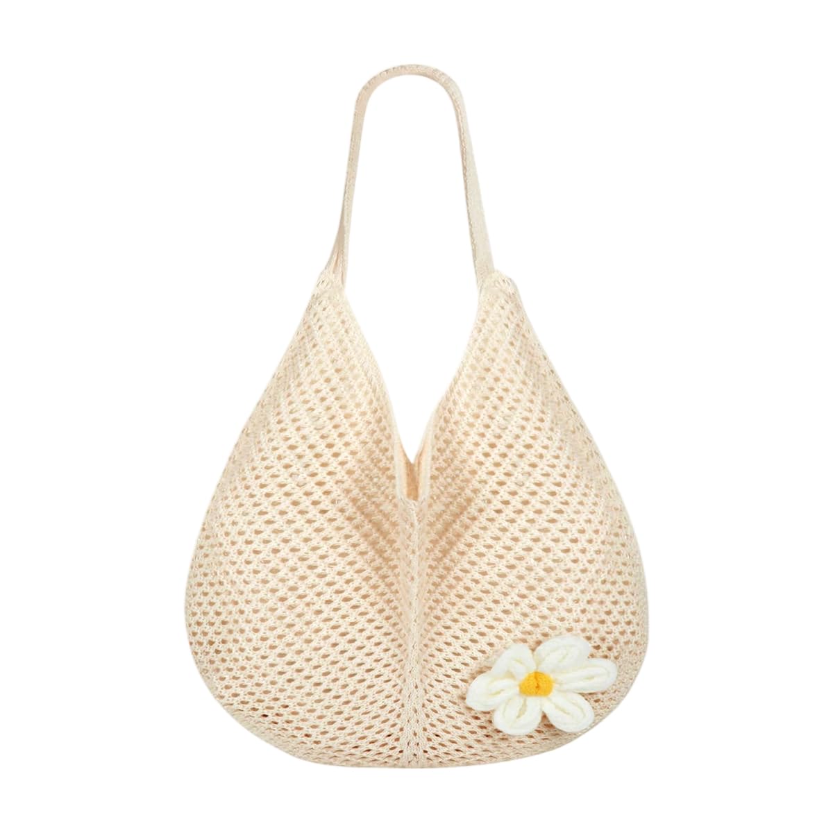 PALAY Tote Bag for Woman Beige Crochet Mesh Shoulder Bag with Flower Brooch