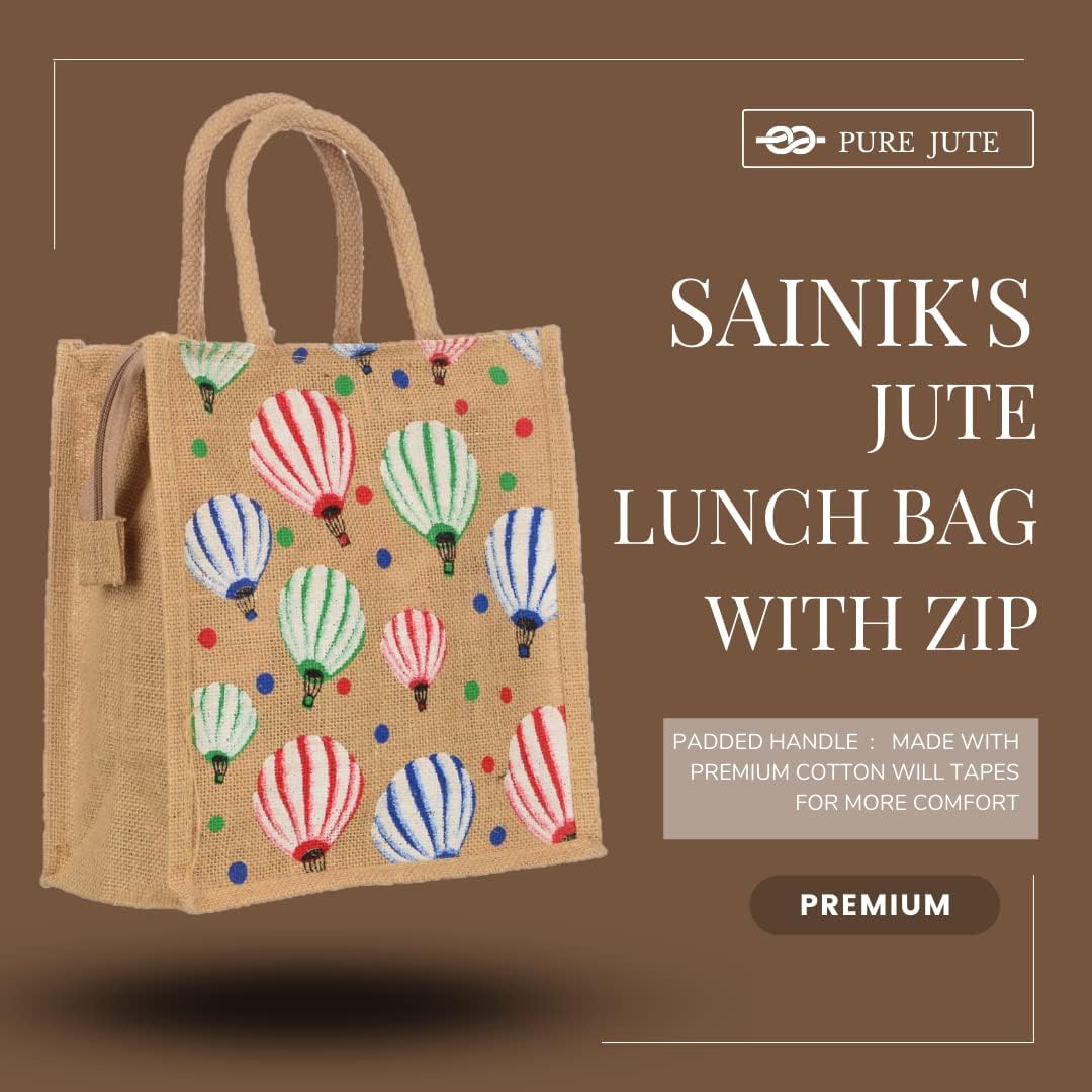 SAINIK'S - Access to Quality Jute Shopping Grocery Printed Bag with Cotton Rope Handle for Men and Women with Zip (Multicolor) (Pack of 12)