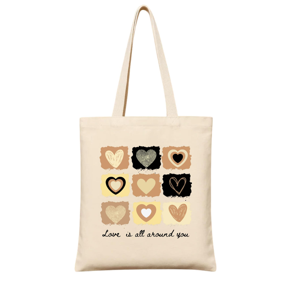 Stylxeco Love Hearts Design Cotton Canvas Tote Bag, Natural Colour, 220 GSM, for Shopping, Travel, Office