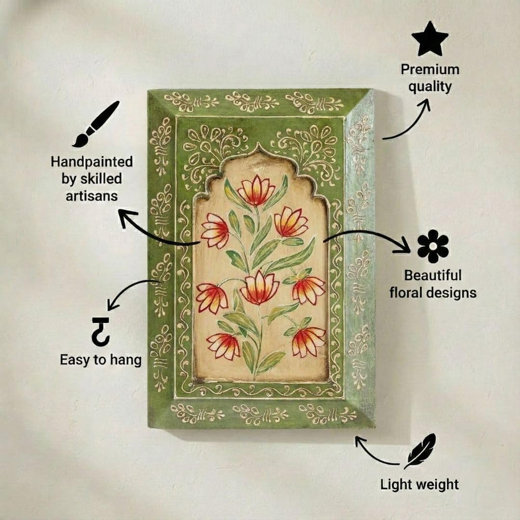 ATRANGI STUDIO Handpainted Wooden Wall Frame | Rajasthani Traditional Craft | Decorative Floral Wall Hanging Art for Living room, Bedroom, Office | 12×8 Inch, Green