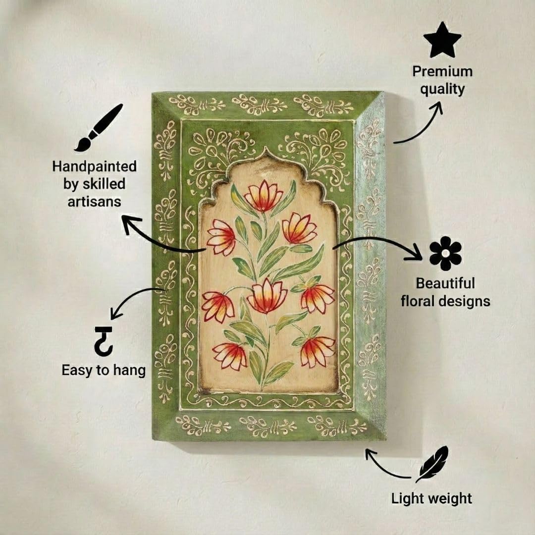 ATRANGI STUDIO Handpainted Wooden Wall Frame | Rajasthani Traditional Craft | Decorative Floral Wall Hanging Art for Living room, Bedroom, Office | 12×8 Inch, Green