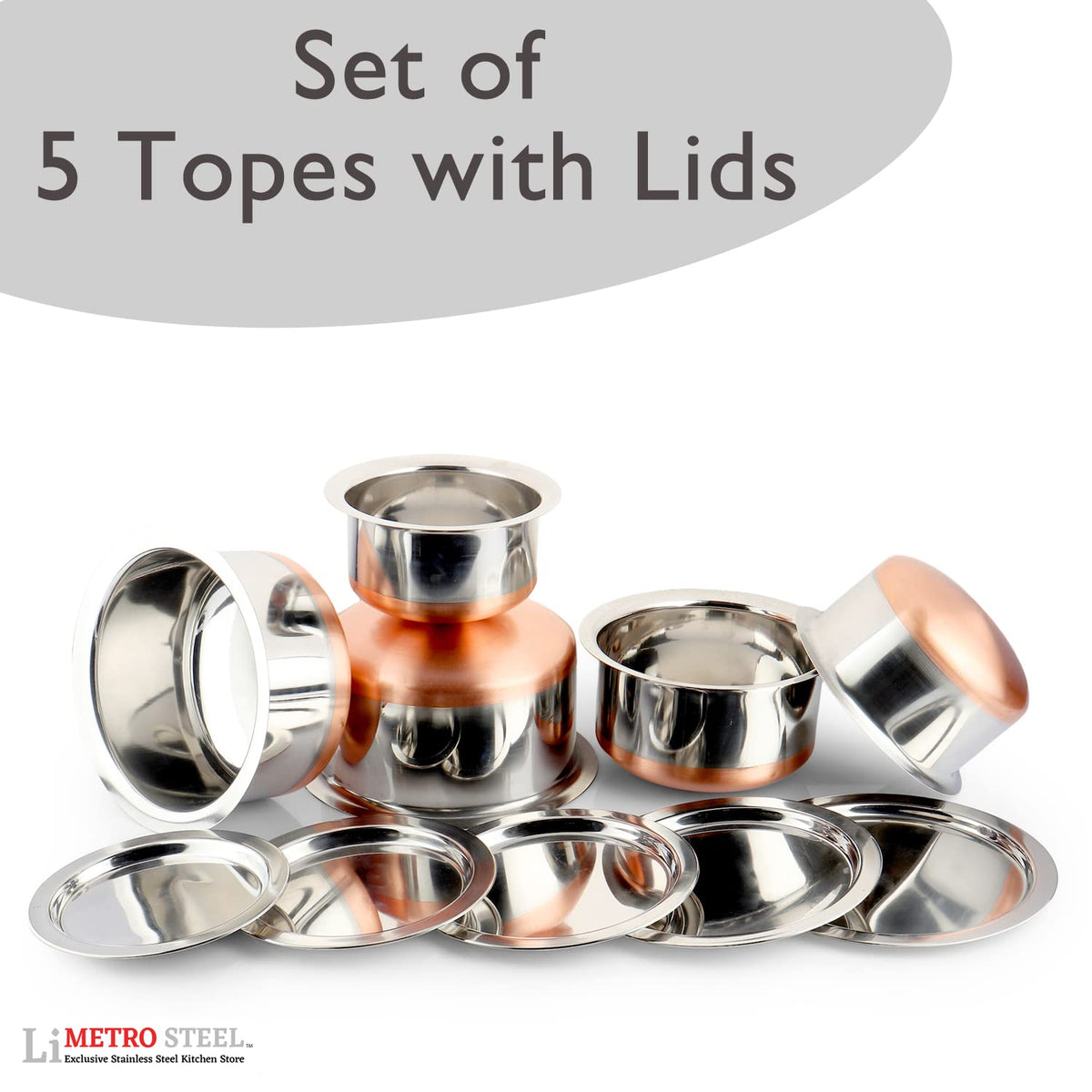 LIMETRO STEEL Set of 5 Gas Compatible Copper Base Steel Tope Set with Lid (5 Pieces, 1 Liter, 1.5 Liter, 2 Liter, 2.5 Liter, 3 Liter) Cookware Set, Stainless Steel…